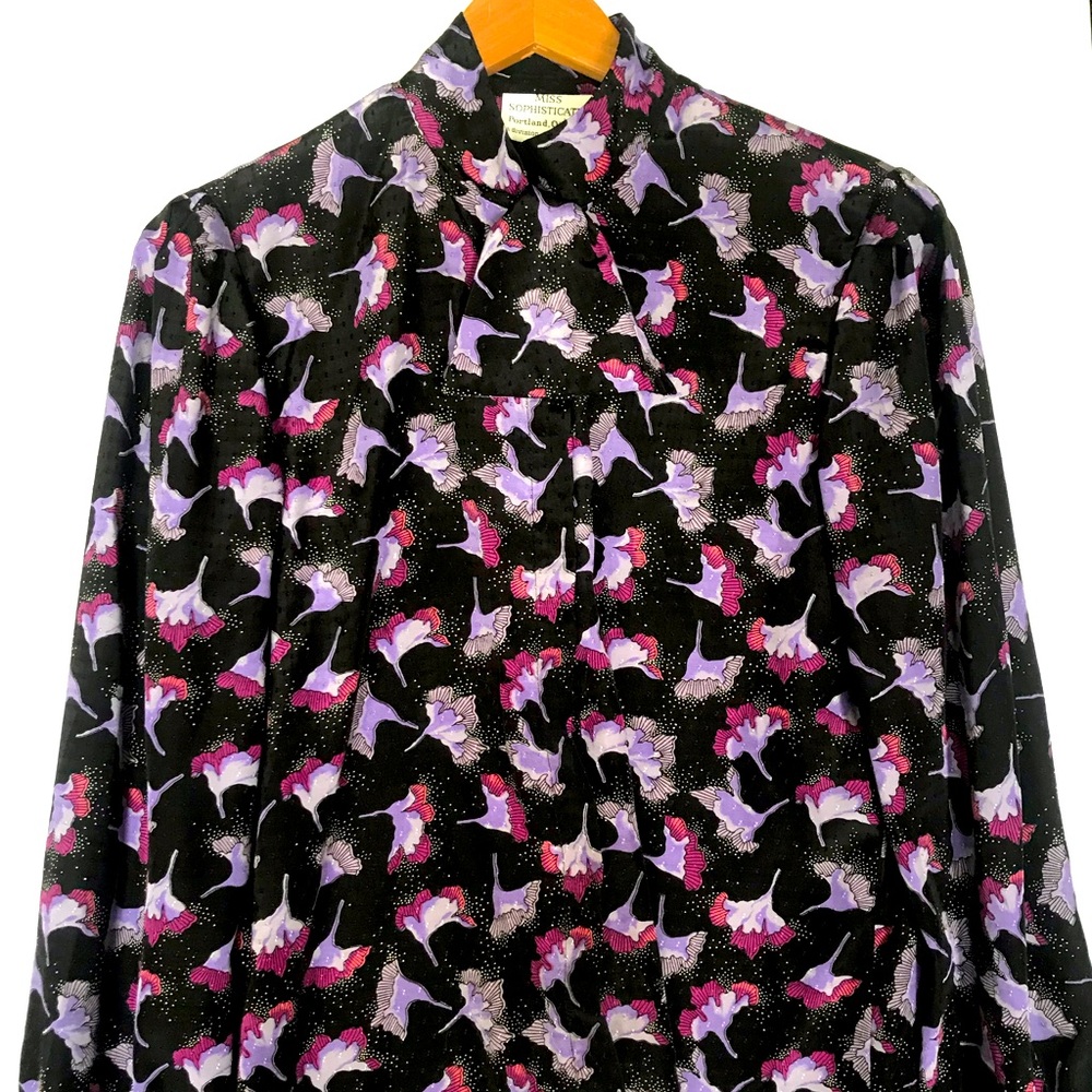 Purple Floral Blouse With Tie Collar